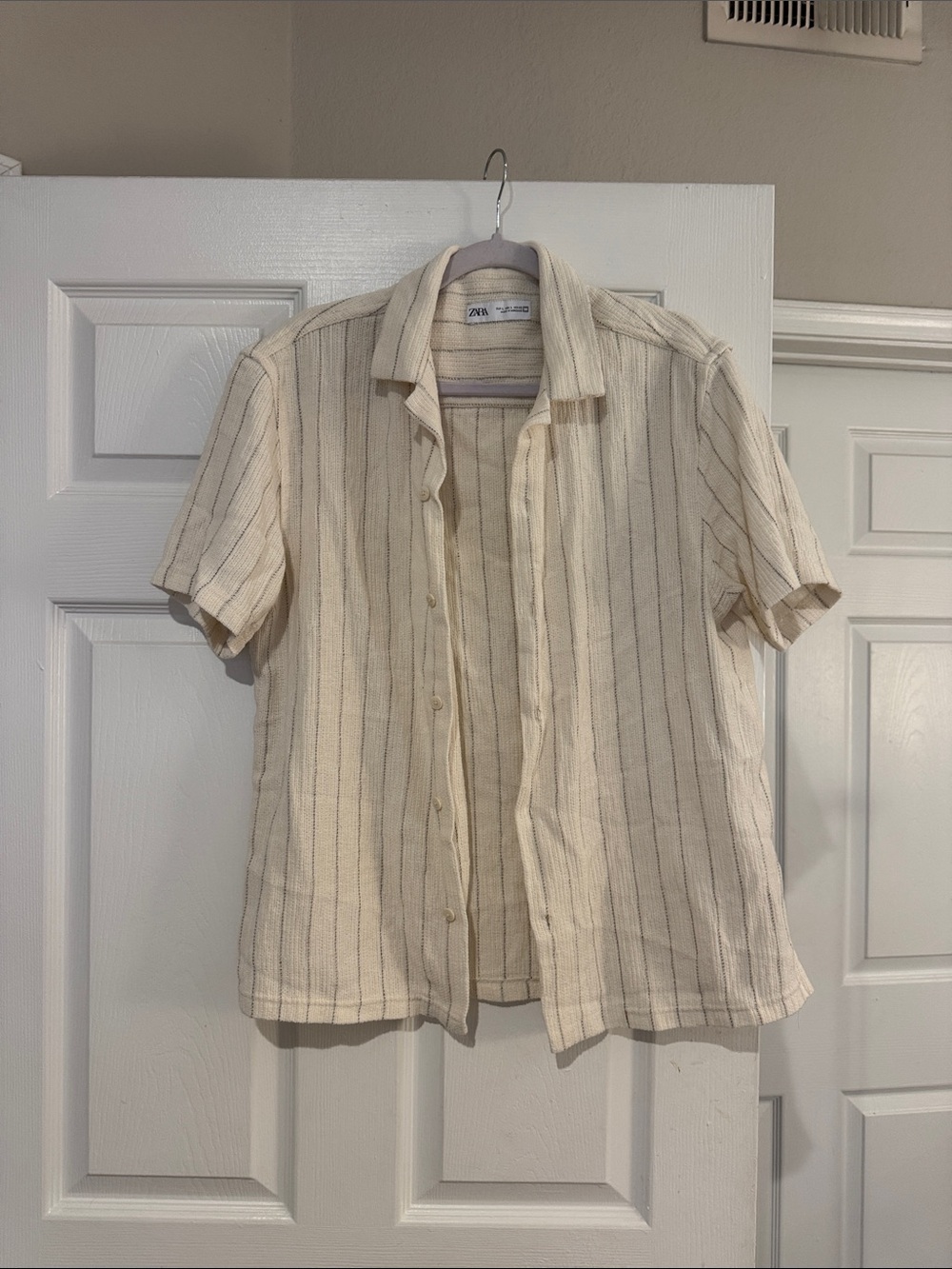 Zara Cream Short-Sleeve Striped Button-Down Shirt